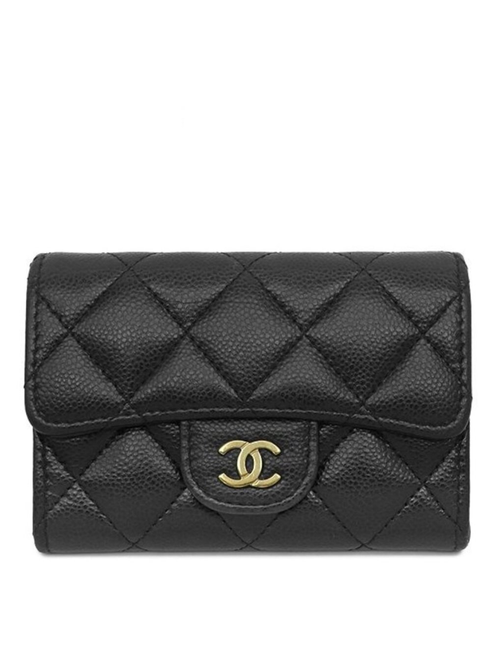 Chanel Card Case Quilted Classic Zip Caviar Leather Black Gold Coin Purse
